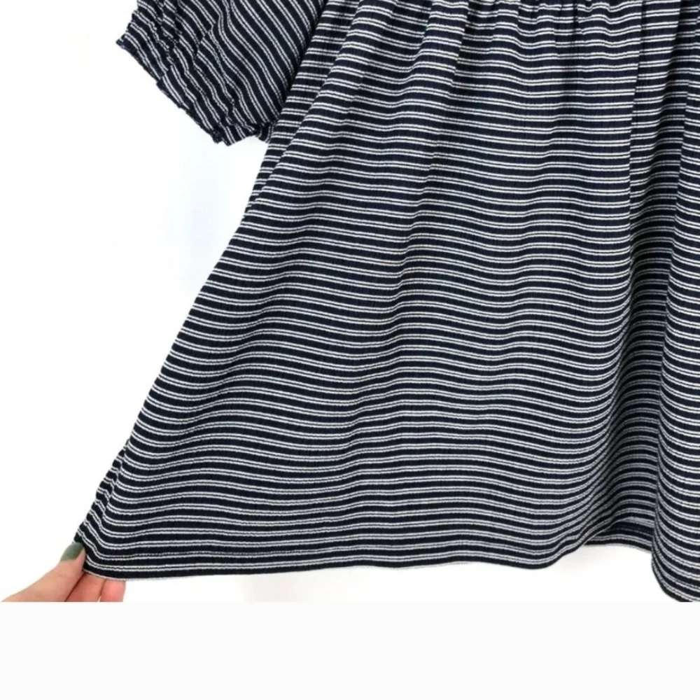 Madewell NWT Blue White Striped Smocked Neck Puff Sleeve Casual Coastal Top Med.